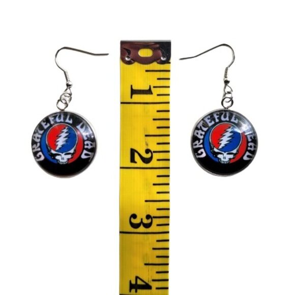 Grateful Dead Steal Your Face Necklace-Earring Set Glass Photo Cabochon Pendants - Picture 7 of 9